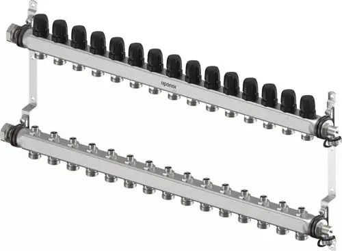 Verteiler von Uponor mit zwei Reihen, jeweils mit mehreren Anschlussmöglichkeiten, geeignet für die Verteilung von Wasser in Heizungs- oder Kühlsystemen.